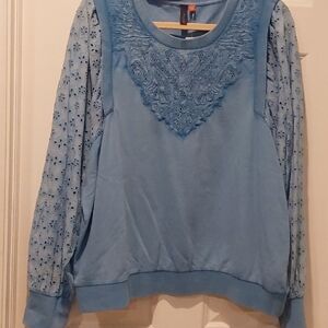 Elegant Blue Lace Detail Sweatshirt